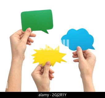 Mix of speech bubble text message theme, hands with papper text box, isolated on a white background photo Stock Photo