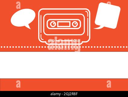 Composition of audio cassette tape and two empty speech bubbles on orange background Stock Photo