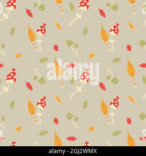 Autumn mushrooms with colorful leaves. Seamless illustration with amanita and toadstools. Fabric, background or wallpaper. Stock Vector