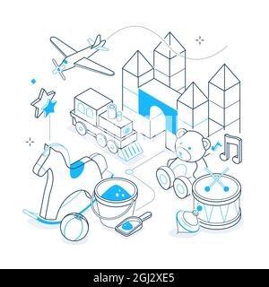 Kids toys - isometric black and blue line illustration. Clean, stylish art with thin fine design. Childs favorite items - blocks, locomotive, airplane Stock Vector