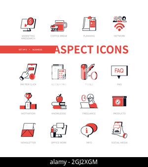 Business - modern line design style icon set with red flat elements. People and business attributes. Marketing research, coffee break, planning, motiv Stock Vector