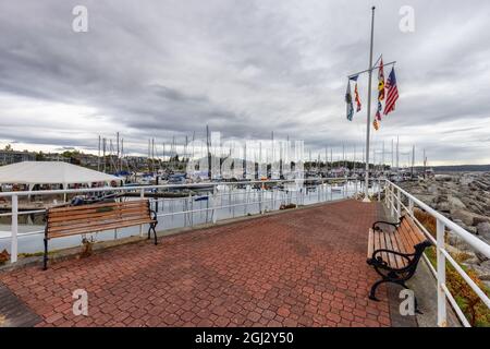 Scenic View of Marina with Sailboats on the Pacific Ocean Stock Photo