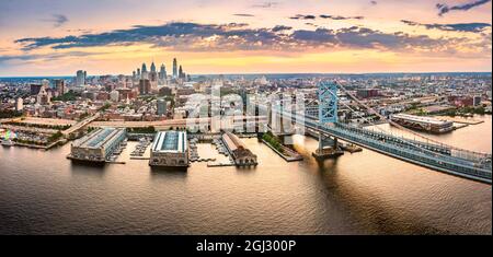 Aerial panorama with Ben Franklin Bridge and Philadelphia skyline Stock Photo