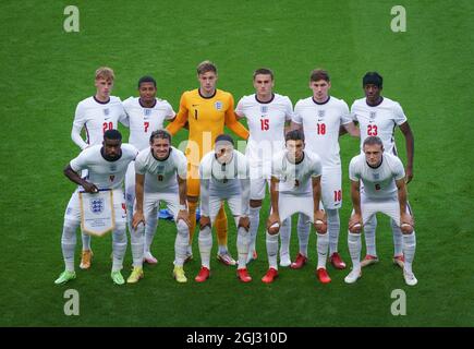 England pre match team photo (back row l-r) Cole Palmer (Manchester City), Rhian Brewster (Sheffield United), Goalkeeper Josef Bursik (Stoke City), Taylor Harwood-Bellis (Anderlecht, on loan from Manchester City), James Garner (Nottingham Forest, on loan from Manchester United) & Noni Madueke (PSV Eindhoven) (front row l-r) Marc Guehi (Crystal Palace), Conor Gallagher (Crystal Palace, on loan from Chelsea), Max Aarons (Norwich City), Luke Thomas (Leicester City) & Oliver Skipp (Tottenham Hotspur) of England U21during the Euro 2023 Qualifier International match between England U21 and Kosovo U2 Stock Photo