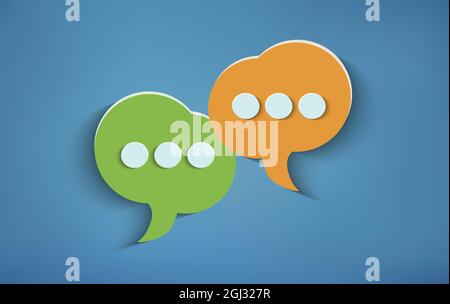 Concept of online customer service and advice chat. Two speech bubbles on blue background. Social network. Communication and recommend via the web Stock Vector