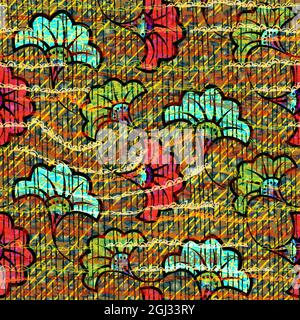 African Wax Print fabric, Ethnic handmade ornament seamless design, tribal pattern motifs floral elements. Vector texture, afro colorful textile Stock Vector