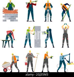 Construction workers with professional tools, house builders at work. Carpenter, wall painter, maintenance or home repair worker vector set. Employees or handymen doing renovation with equipment Stock Vector