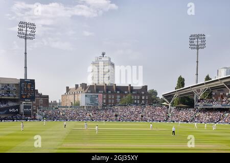 England cricket; The Oval Cricket Ground, or Kia Oval, July 2021, England v India test match, watched by crowds of fans in summer, The Oval, London UK Stock Photo