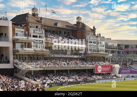 The Oval Pavilion, at the Oval cricket ground, or Kia Oval, home of Surrey County Cricket Club, Kennington, Lambeth, London UK Stock Photo