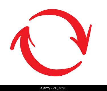 Two red arrows in a circle, hand drawn - symbol for closed loop, recycle, work flow Stock Vector