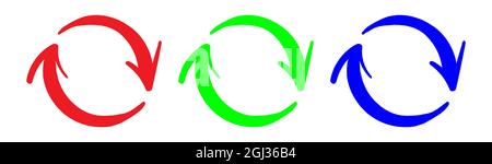 Set of red, green, and blue symbols - two red arrows in a circle, hand drawn - symbol for closed loop, recycle, work flow Stock Vector