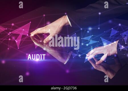 Businessman touching huge screen concept Stock Photo