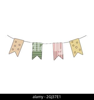 Party garland with flags in doodle style. Vector color illustration isolated on white background. Cartoon decorative element for celebration Stock Vector