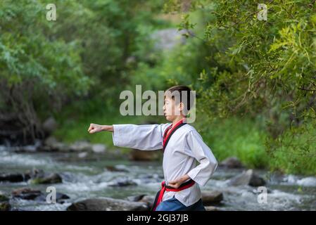 Side profile view of a young boy practicing karate outdoors in a forest. Stock Photo