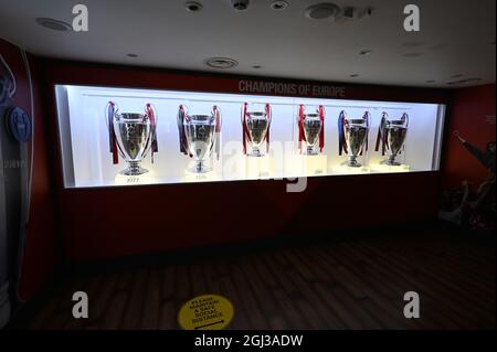 European Champions League trophy cabinet at Anfield, the home ground of ...