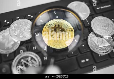 Bitcoin BTC coin on keyboard next to popular cryptocurrencies Ethereum, Binance, Cardano, Zcash through magnifying glass. Black and white except gold, selective color. Stock Photo