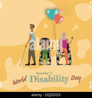 International Day of Persons with Disabilities. Background with Disabled old woman, blind young man with a cane walking and boy in wheelchair. Stock Vector