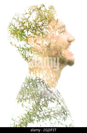 Expressive double exposure portrait. Isolated on a white background Stock Photo