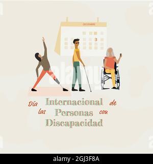 background with disabled people, International Day of Persons with Disabilities . Día Internacional de las Personas con Discapacidad, spanish text let Stock Vector