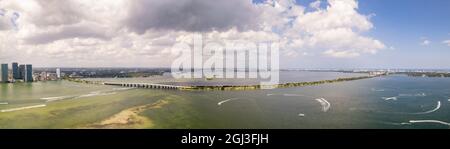 Aerial photo Miami scenes. Includes bridges over bay and cloudy sky USA Stock Photo