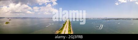 Aerial panoramic photo Julia Tuttle Causeway Bridge Miami Florida over Biscayne Bay United States Stock Photo