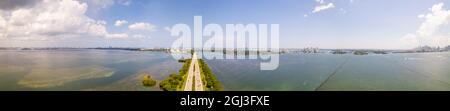 Aerial panoramic photo Julia Tuttle Causeway Bridge Miami Florida over Biscayne Bay USA Stock Photo