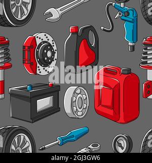 Car service seamless pattern. Auto center repair background for advertising with transport items. Stock Vector