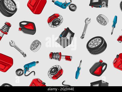 Car service seamless pattern. Auto center repair background for advertising with transport items. Stock Vector