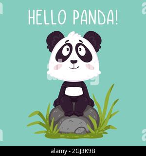 Cute panda bear sitting on the rock. Kawaii animal zoo vector. Illustration vector on pastel background. Design for nursery, kids, greeting card. Stock Vector