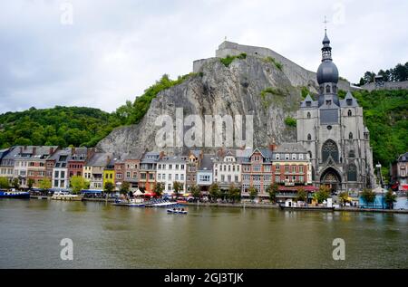 Dinant, Belgium 08-17-2014 view over the river Maas with typical houses to the Fortress Stock Photo