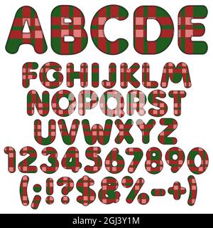 Letters, numbers and signs from felt fabric tartan. Isolated vector colored objects on white background. Stock Vector