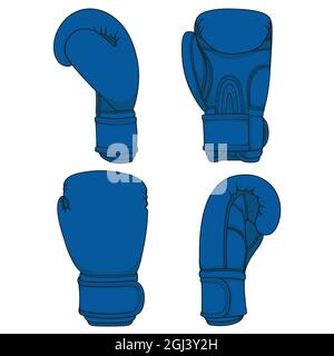 Set of illustrations with blue boxing gloves. Isolated colorful vector objects on white. Stock Vector
