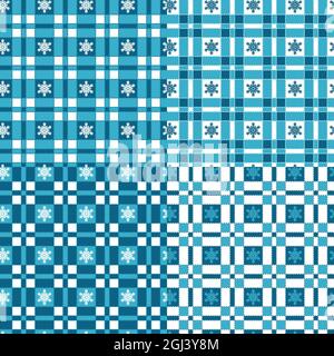 Set of winter seamless patterns with tartan and snowflakes. Vector backgrounds, textures. Stock Vector