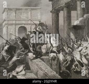 Roman empire. Sack of Rome by the Visigoths led by Alaric I in 410, during the reign of Emperor Honorius. His sister, Gala Placidia, was captured and taken captive.. Engraving. Las Glorias Nacionales. Volume II. Madrid-Barcelona edition, 1853. Stock Photo