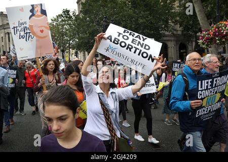 Protesters hold placards as thousands of pro-life supporters come together for the annual March for life UK. They are calling for an end to abortion as they believe life starts at conception. The march follows a ban on abortion for most women in Texas, USA at the beginning of September. (Photo by Martin Pope / SOPA Images/Sipa USA)