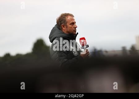 Reykjavik, Iceland. 08th Sep, 2021. Football: World Cup Qualification, Iceland - Germany, Group Stage, Group J, Matchday 6 at Laugardalsvöllur Stadium. German coach Hansi Flick gives an interview. Credit: Christian Charisius/dpa/Alamy Live News Stock Photo