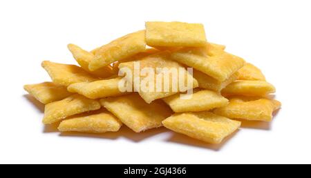 Square Cheese Crackers Cut Out on White. Stock Photo