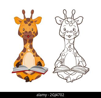 Coloring book, little giraffe is reading a book. Vector illustration in cartoon style, line art Stock Vector