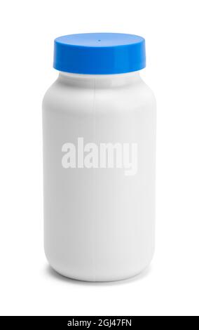 Plastic Pill Bottle with Blue Lid Cut Out on White. Stock Photo