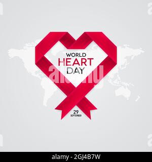 Red paper ribbon heart shape on white background. World Heart Day banner design. Stock Vector