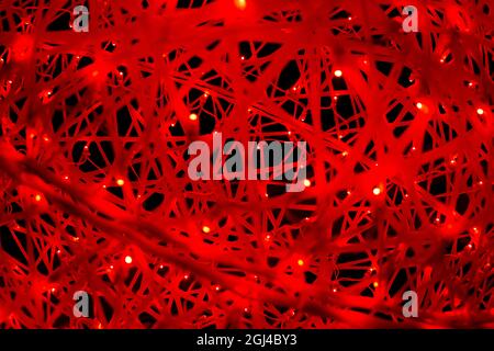 Red LEDs in the web. The texture of the web in bright light. The woven threads glow in the dark. A cocoon of many lines. Stock Photo