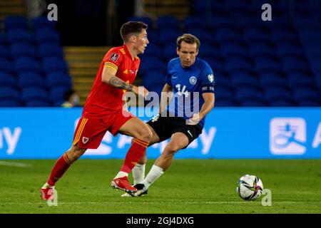 Cardiff, UK. 08th Sep, 2021. Harry Wilson of Wales in action against Konstantin Vassiljev of Estonia. Wales v Estonia in a 2022 FIFA World Cup Qualifier at the Cardiff City Stadium on the 8th September 2021. Credit: Lewis Mitchell/Alamy Live News Stock Photo