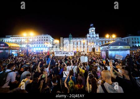 Madrid, Madrid, Spain. 8th Sep, 2021. A crowd of protesters during the demonstration against homofobic violence at Puerta del Sol in Madrid, Spain. The demonstration has been called after several homophobic attacks in different cities of Spain. (Credit Image: © Angel Perez/ZUMA Press Wire) Credit: ZUMA Press, Inc./Alamy Live News Stock Photo