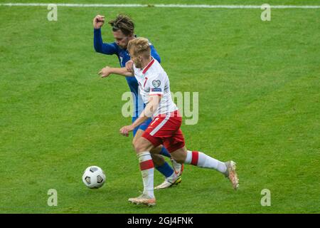 Warsaw, Poland. 08th Sep, 2021. Kamil Jozwiak of Poland and Jack Grealish of England during the 2022 FIFA World Cup Qualifier Group I match between Poland and England at PGE National Stadium in Warsaw, Poland on September 8, 2021 (Photo by Andrew SURMA/ Credit: Sipa USA/Alamy Live News Stock Photo