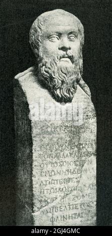 This 1910 illustration shows a marble herm of the Greek philosopher Socrates. The inscription reads: 'I am not for the first time but always a man who follows nothing but the reason which on consideration seems to be the best.' Herm, in Greek religion, refers to a sacred object of stone connected with the cult of Hermes, the fertility god.  These were usually surmounted by the bearded head of Hermes (hence the name) or other figure. The Greek philosopher Socrates (469–399 B.C.) was convicted of impiety by the Athenian courts; rather than renounce his beliefs, he died willingly, discoursing on