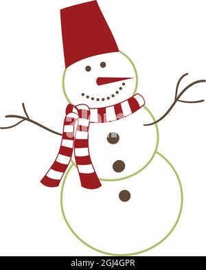 Cute Happy Christmas Snowman with Red Scarf . Vector Happy Xmas Snowman Stock Vector