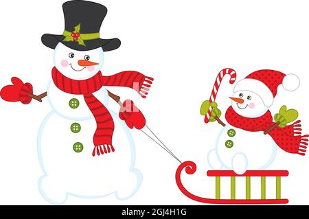 Christmas Snowman Pulling Sleigh with Baby Snowman Stock Vector