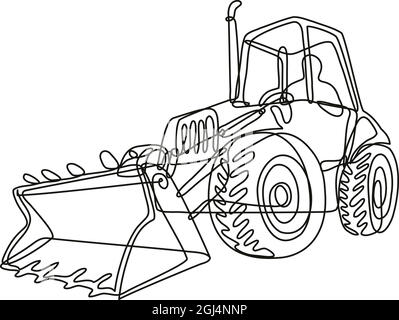 Continuous line drawing illustration of a country tractor digger with bucket front loader done in mono line or doodle style in black and white on isol Stock Vector