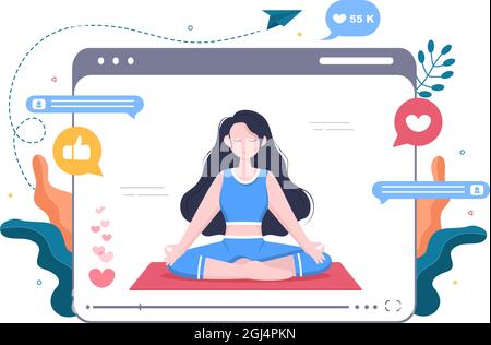 Fitness Blogger on Yoga Content Creator Background Recording Online Video Classes of Sports Exercises and Take Care Body. Flat Design Vector Illustrat Stock Vector