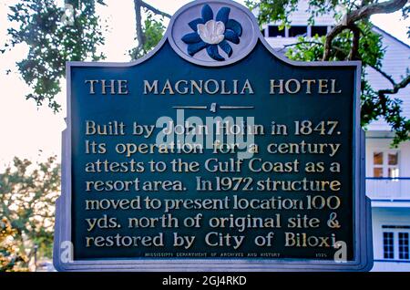 A historic marker stands in front of the Magnolia Hotel, Sept. 5, 2021, in Biloxi, Mississippi. Stock Photo